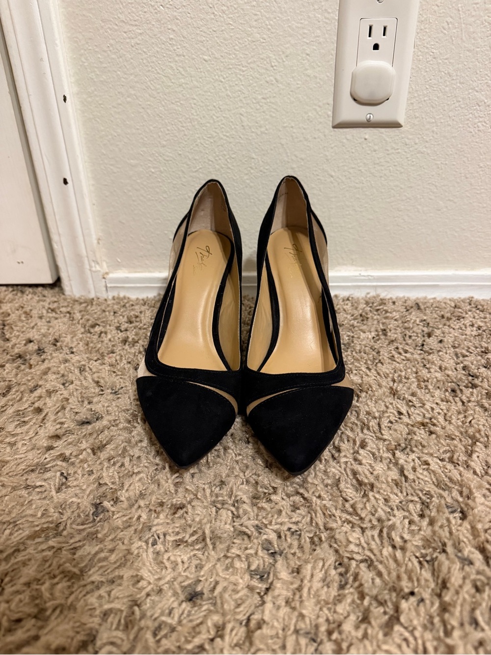 Black Suede and Mesh Detail Pointed-Toe Pumps